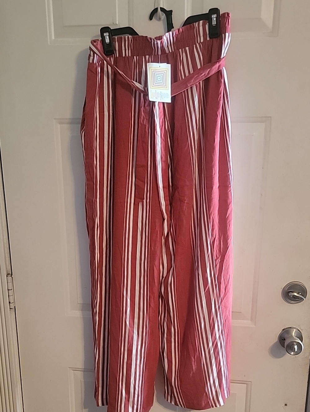 LuLaRoe Rose and White Vertical Stripe Wide Leg Pants